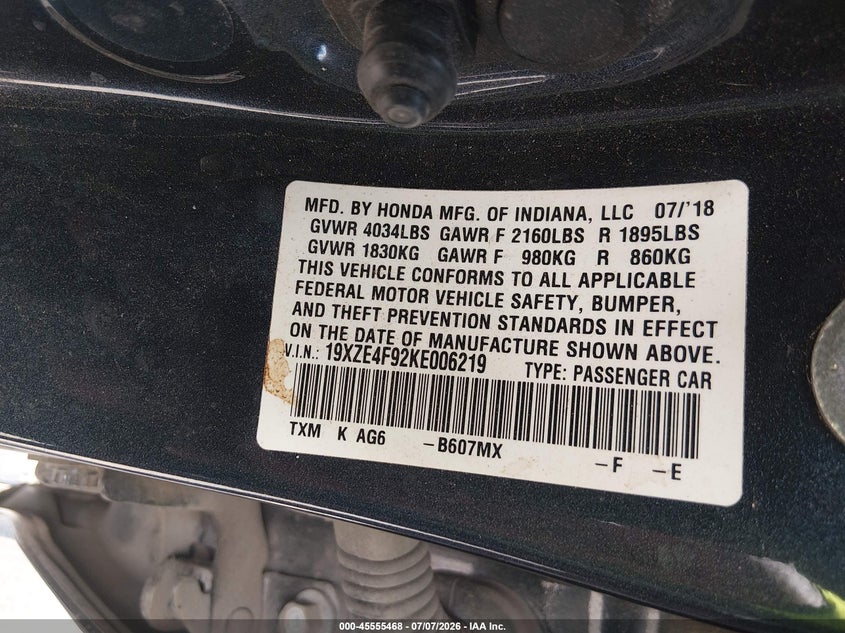 2019 Honda Insight Touring VIN: 19XZE4F92KE006219 Lot: 45555468