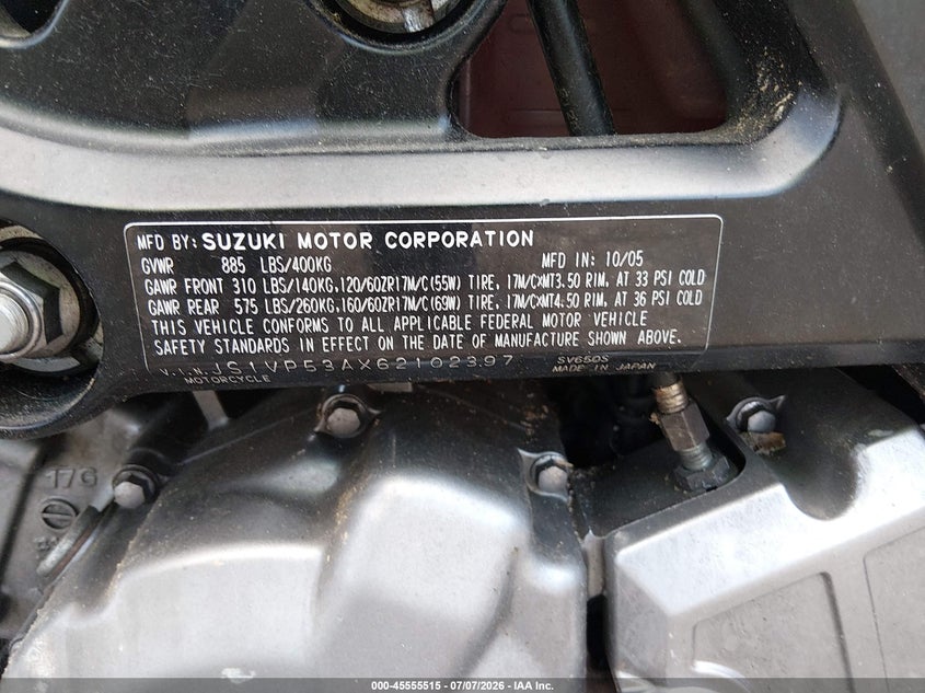 2006 Suzuki Sv650 VIN: JS1VP53AX62102397 Lot: 45555515