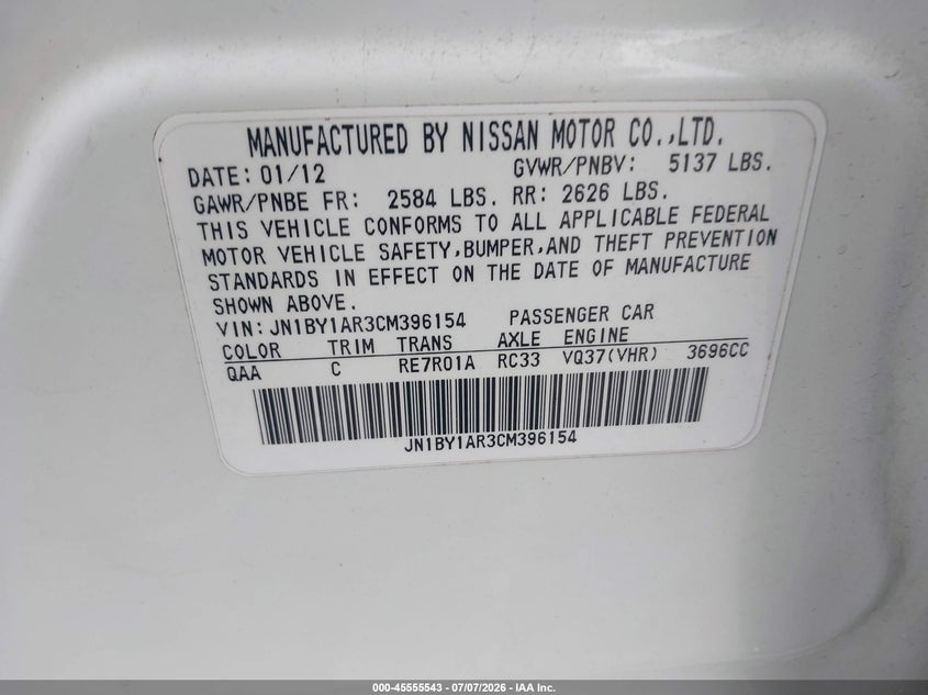 2012 Infiniti M37X VIN: JN1BY1AR3CM396154 Lot: 45555543