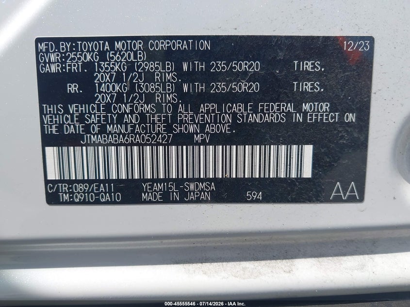 2024 Subaru Solterra Limited VIN: JTMABABA6RA052427 Lot: 45555546