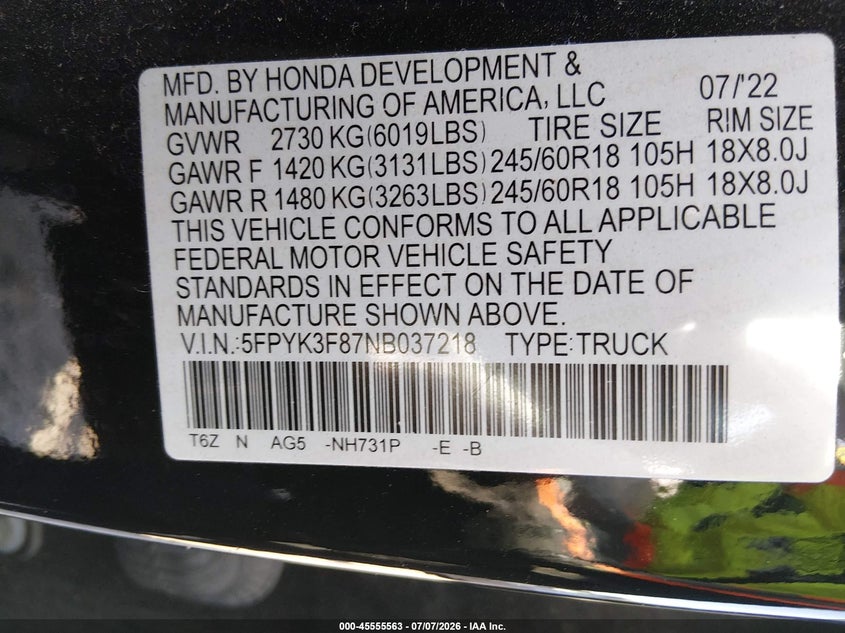 2022 Honda Ridgeline Black Edition VIN: 5FPYK3F87NB037218 Lot: 45555563
