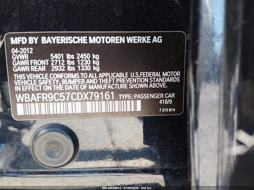 2012 BMW 550I VIN: WBAFR9C57CDX79161 Lot: 45555614