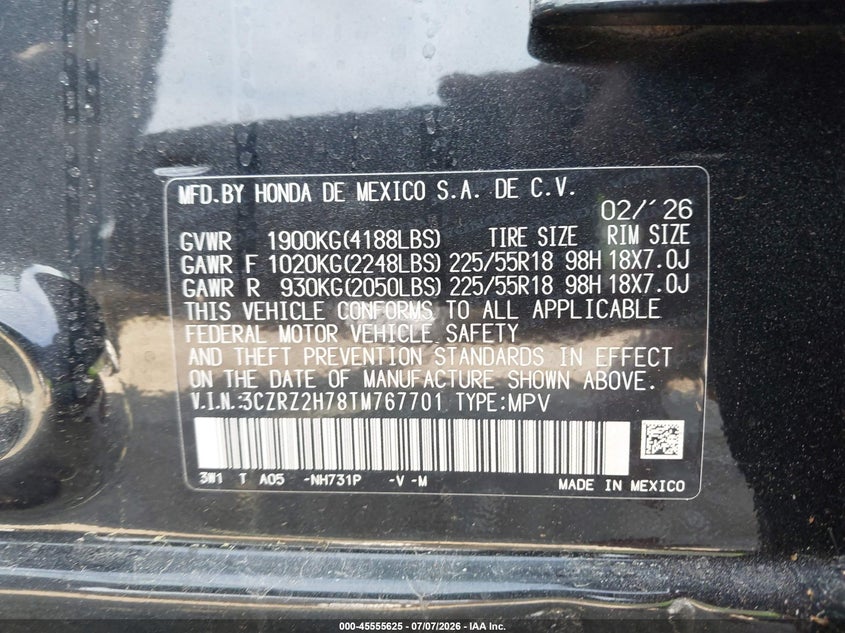 2026 Honda Hr-V Awd Ex-L VIN: 3CZRZ2H78TM767701 Lot: 45555625