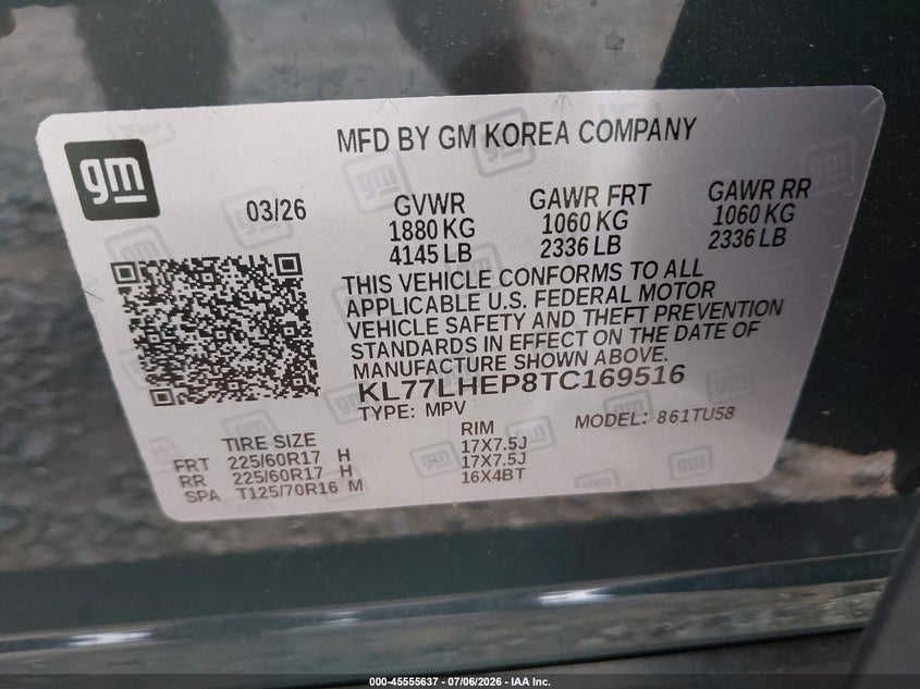 2026 Chevrolet Trax Fwd Lt VIN: KL77LHEP8TC169516 Lot: 45555637