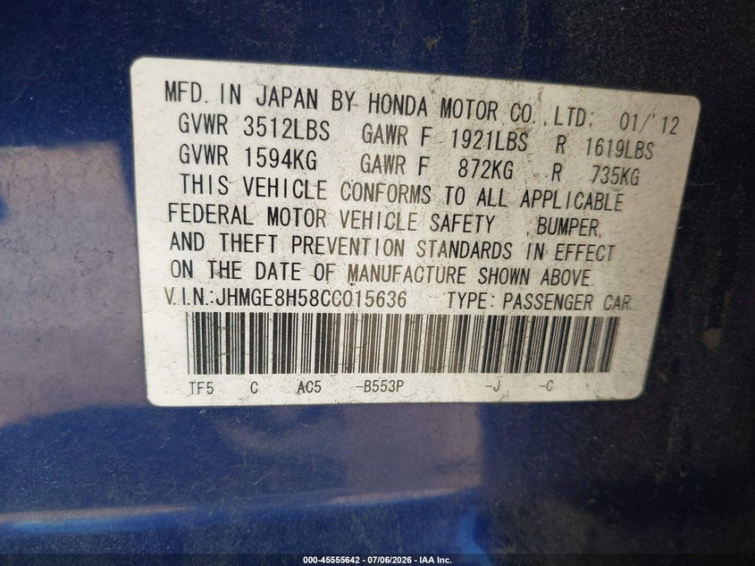 2012 Honda Fit Sport VIN: JHMGE8H58CC015636 Lot: 45555642