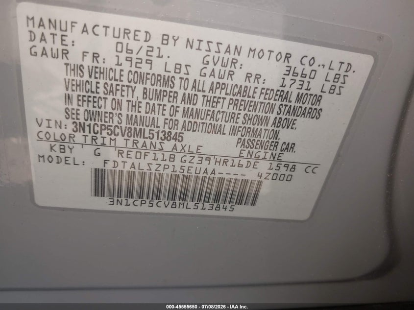 2021 Nissan Kicks Sv Xtronic Cvt VIN: 3N1CP5CV8ML513845 Lot: 45555650