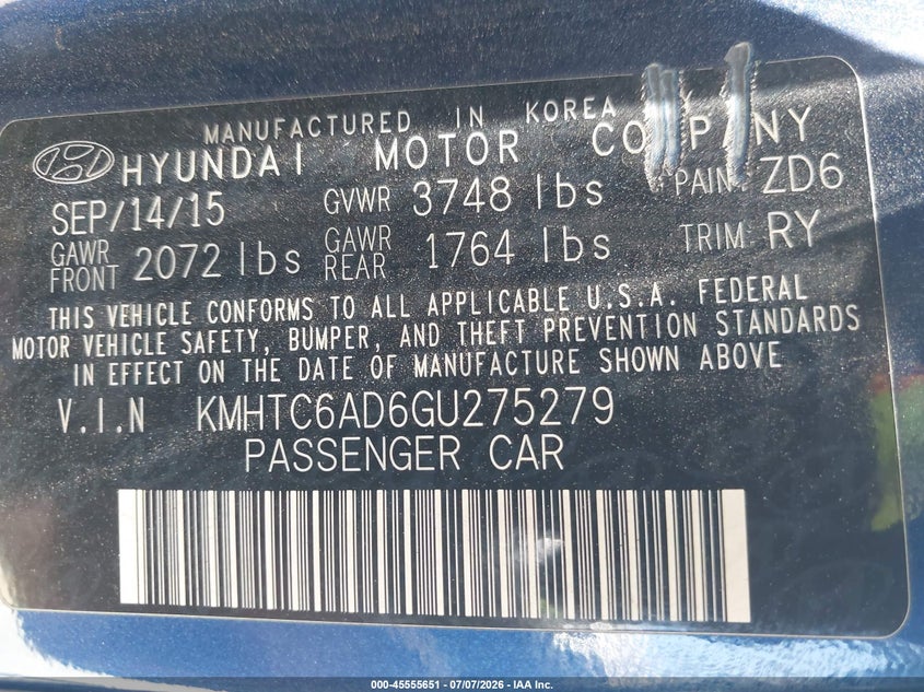 2016 Hyundai Veloster VIN: KMHTC6AD6GU275279 Lot: 45555651