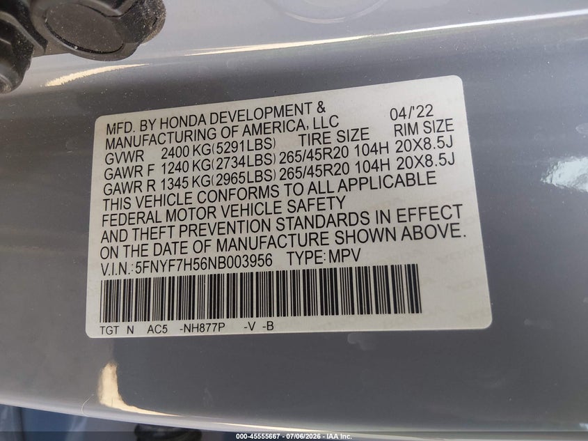 2022 Honda Passport 2Wd Ex-L VIN: 5FNYF7H56NB003956 Lot: 45555667