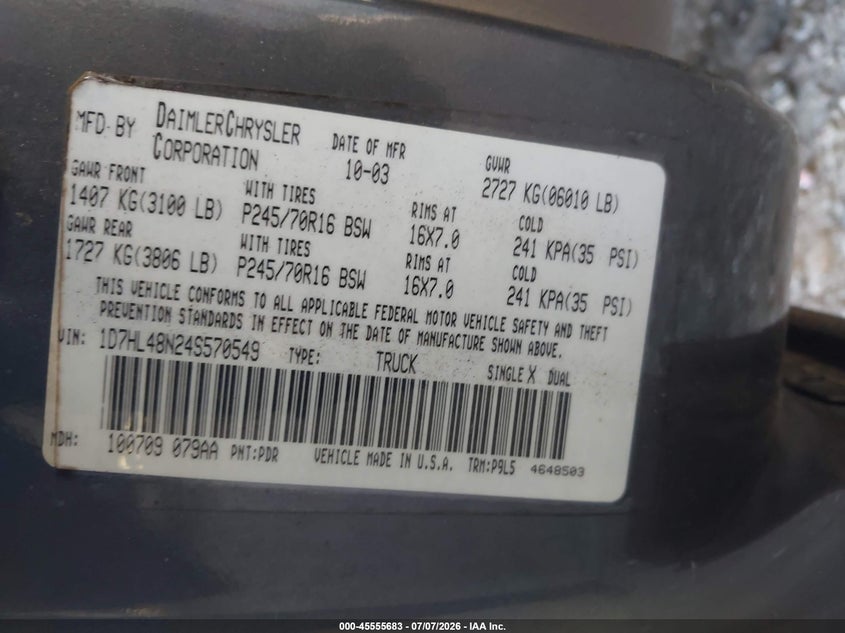 2004 Dodge Dakota Slt VIN: 1D7HL48N24S570549 Lot: 45555683
