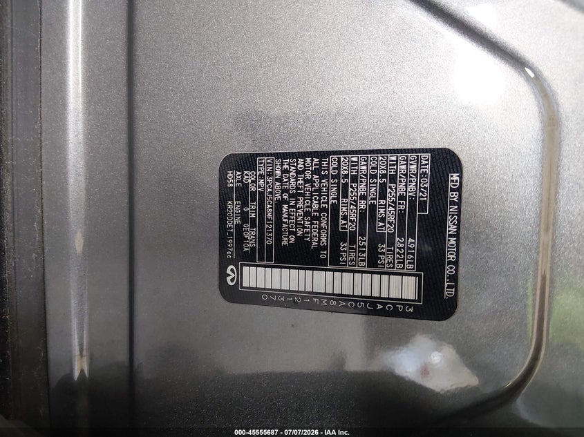 2021 Infiniti Qx50 Sensory VIN: 3PCAJ5CA8MF121370 Lot: 45555687