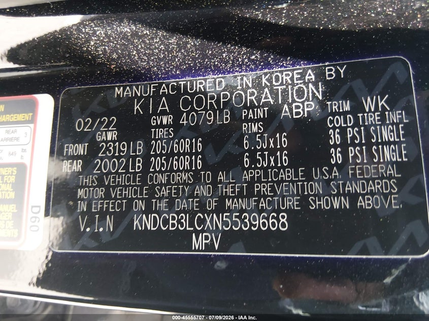 2022 Kia Niro Lx VIN: KNDCB3LCXN5539668 Lot: 45555707