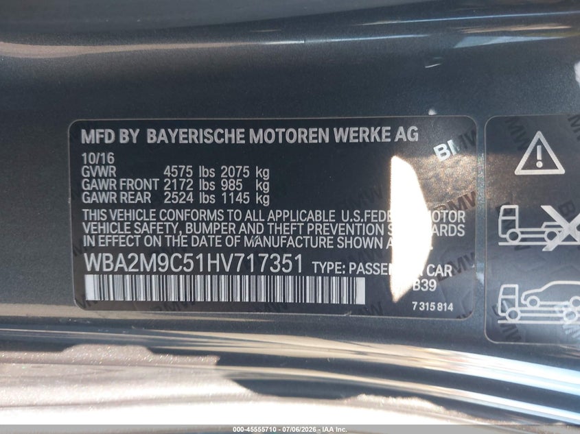 2017 BMW 230I xDrive VIN: WBA2M9C51HV717351 Lot: 45555710