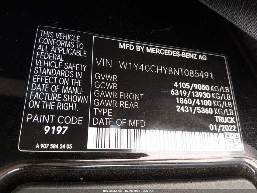 2022 Mercedes-Benz Sprinter 2500 High Roof I4 VIN: W1Y40CHY8NT085491 Lot: 45555730