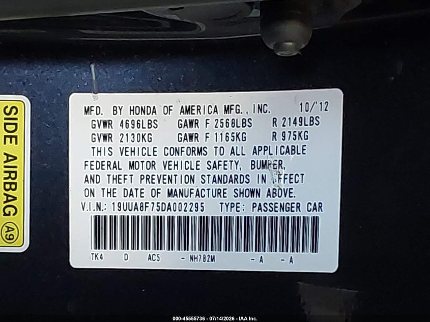 2013 Acura Tl 3.5 VIN: 19UUA8F75DA002295 Lot: 45555736