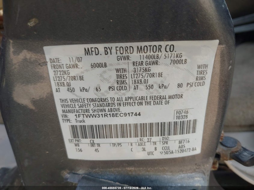 2008 Ford Super Duty F-350 Srw Lariat VIN: 1FTWW31R18EC91744 Lot: 45555739