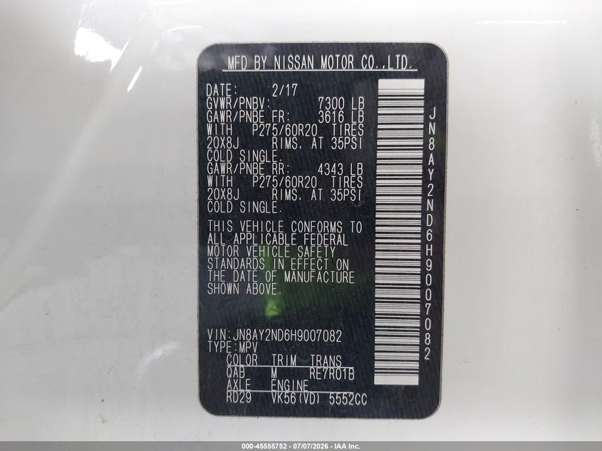 2017 Nissan Armada Sl VIN: JN8AY2ND6H9007082 Lot: 45555752