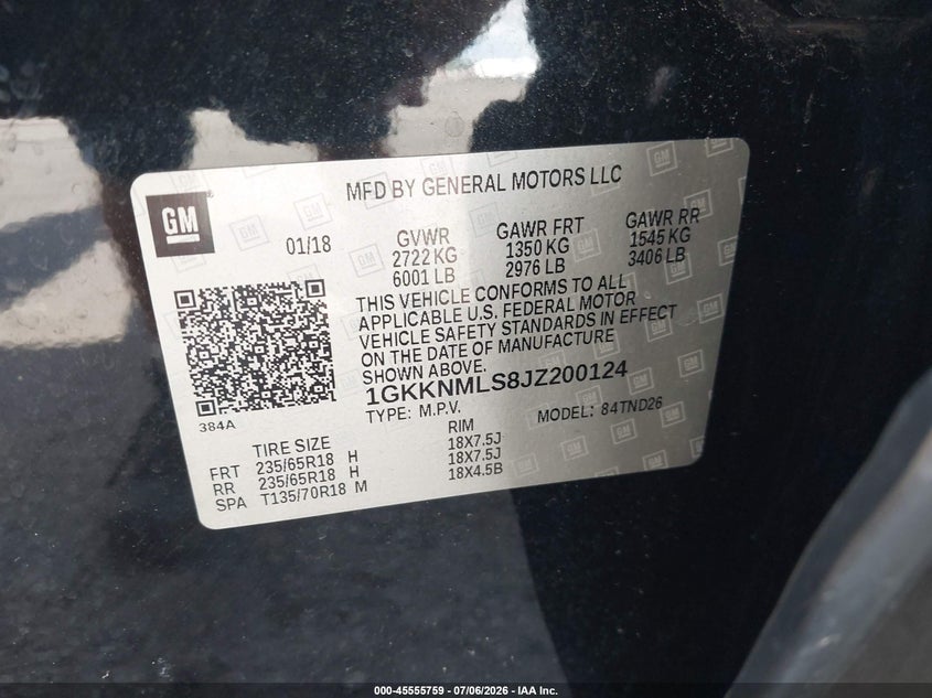 2018 GMC Acadia Slt-1 VIN: 1GKKNMLS8JZ200124 Lot: 45555759