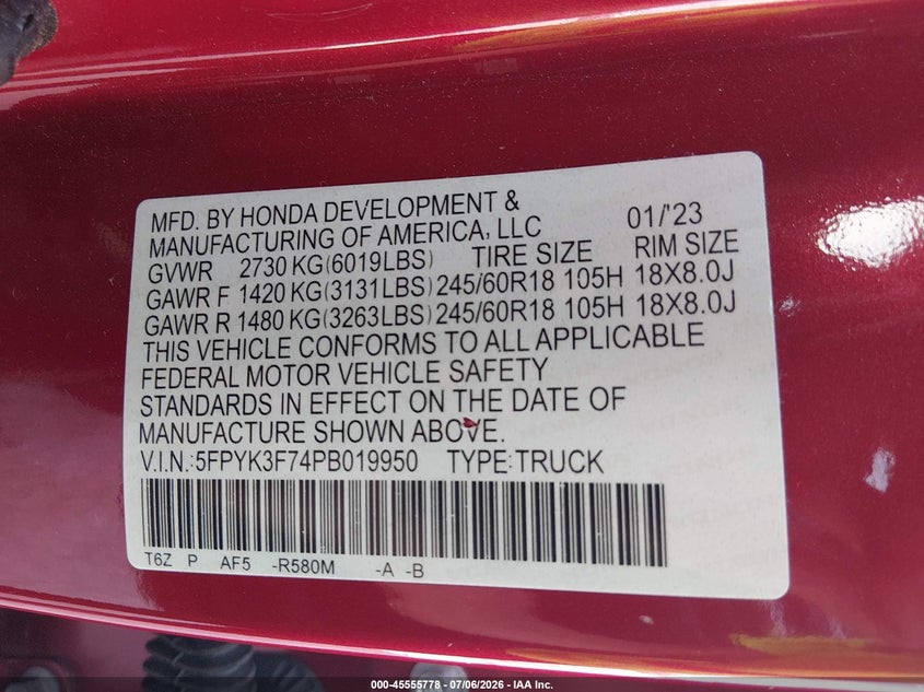 2023 Honda Ridgeline Rtl-E VIN: 5FPYK3F74PB019950 Lot: 45555778