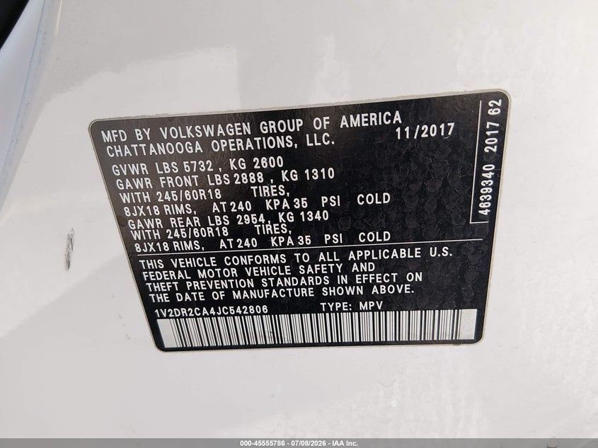 2018 Volkswagen Atlas 3.6L V6 Se/3.6L V6 Se W/Technology VIN: 1V2DR2CA4JC542806 Lot: 45555786