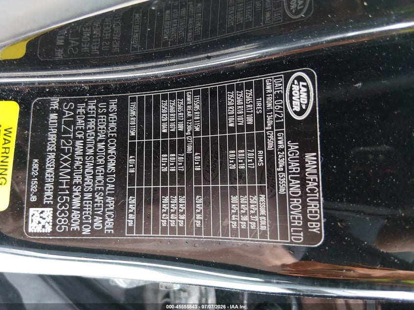 2021 Land Rover Range Rover Evoque R-Dynamic S VIN: SALZT2FXXMH153385 Lot: 45555843