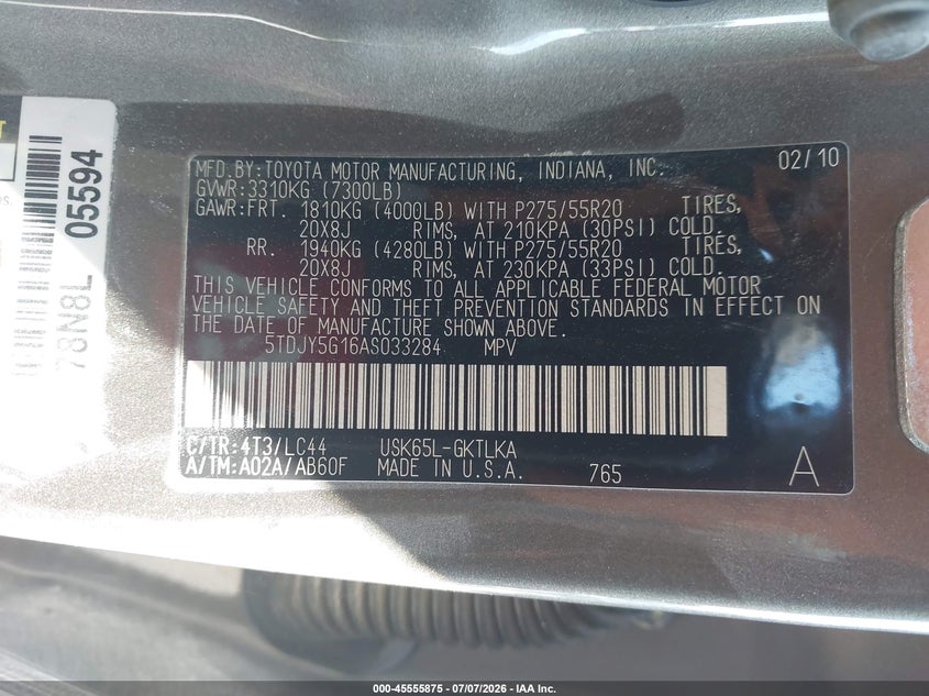 2010 Toyota Sequoia Limited 5.7L V8 VIN: 5TDJY5G16AS033284 Lot: 45555875