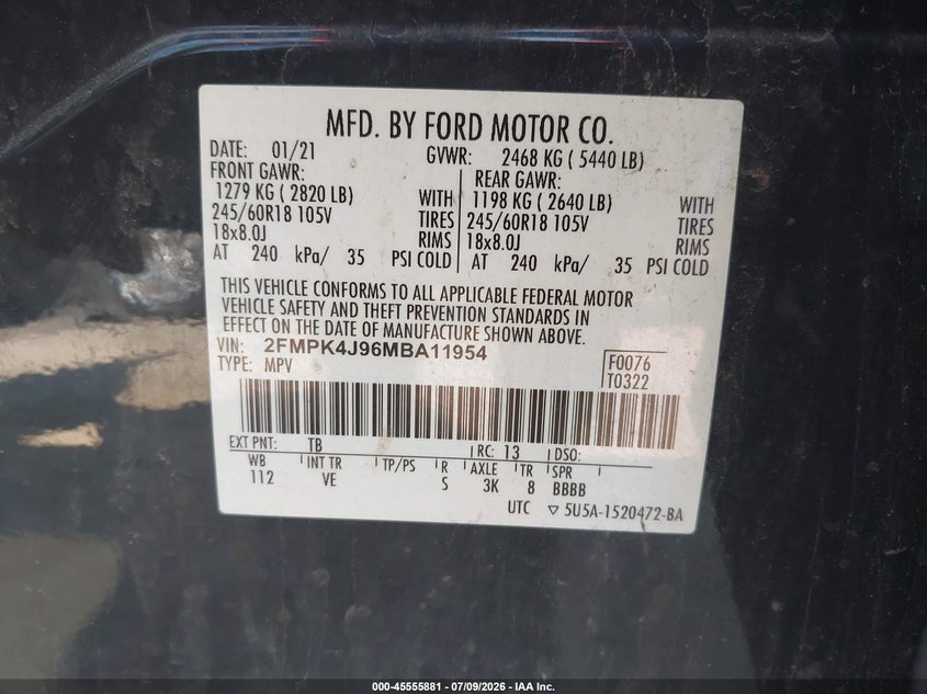 2021 FORD EDGE SPORT UTILITY VEHICLE 2.0L I-4 DI, DOHC, VVT, TURBO, 250HP