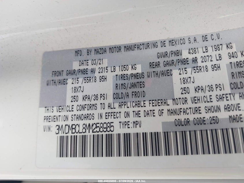 2021 Mazda Cx-30 Preferred VIN: 3MVDMBCL8MM258985 Lot: 45555895