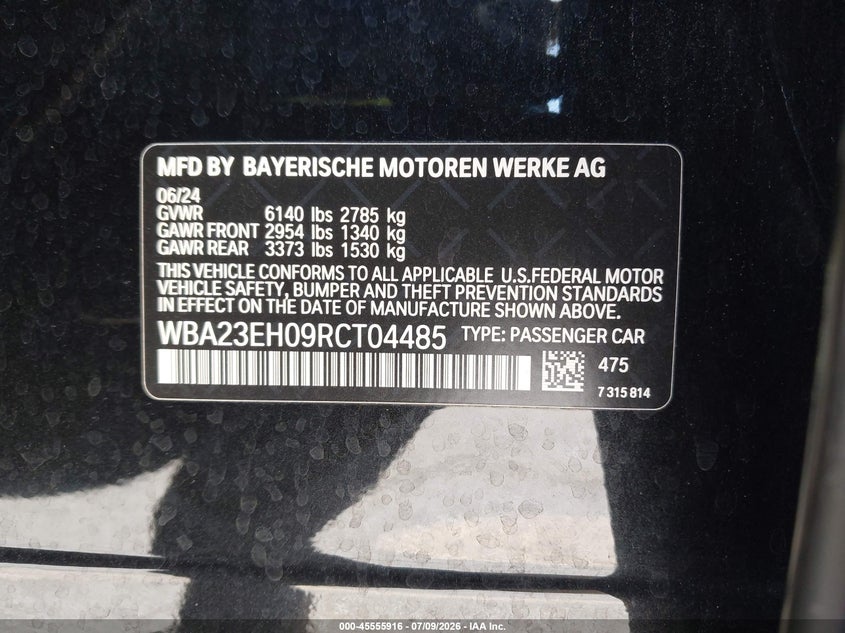 2024 BMW 740I VIN: WBA23EH09RCT04485 Lot: 45555916