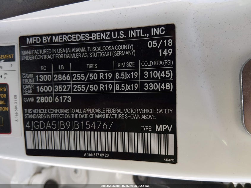 2018 Mercedes-Benz Gle 350 VIN: 4JGDA5JB9JB154767 Lot: 45556000