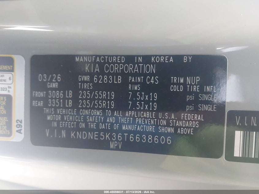 2026 Kia Carnival Mpv Sx VIN: KNDNE5K36T6638606 Lot: 45556031