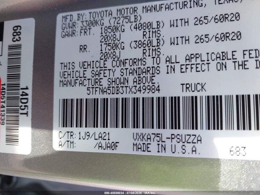 TOYOTA TUNDRA 2026 VIN 5TFNA5DB3TX349984