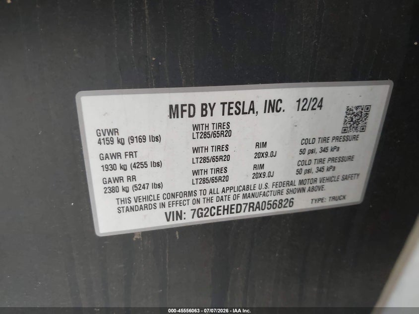 2024 Tesla Cybertruck All-Wheel Drive VIN: 7G2CEHED7RA056826 Lot: 45556063