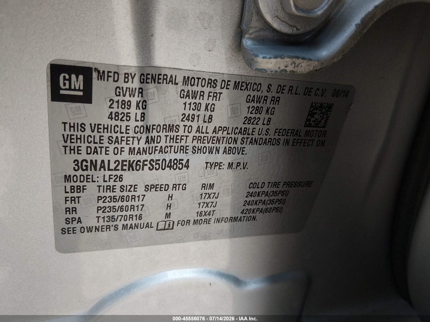 2015 Chevrolet Captiva Sport Fleet Ls VIN: 3GNAL2EK6FS504854 Lot: 45556076