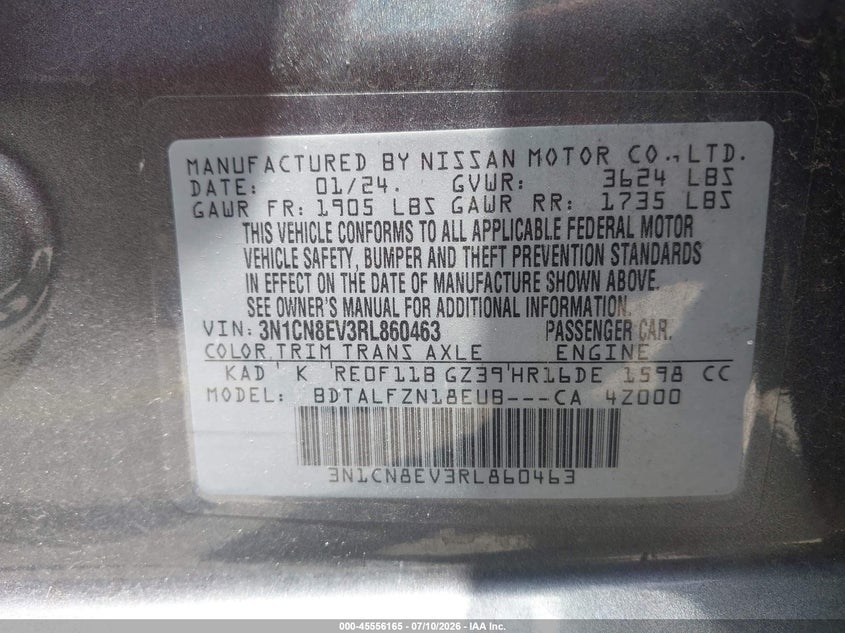 2024 Nissan Versa 1.6 Sv VIN: 3N1CN8EV3RL860463 Lot: 45556165