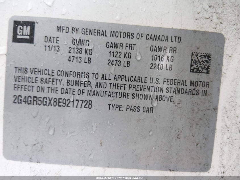 2014 Buick Regal Turbo Premium Ii VIN: 2G4GR5GX8E9217728 Lot: 45556179