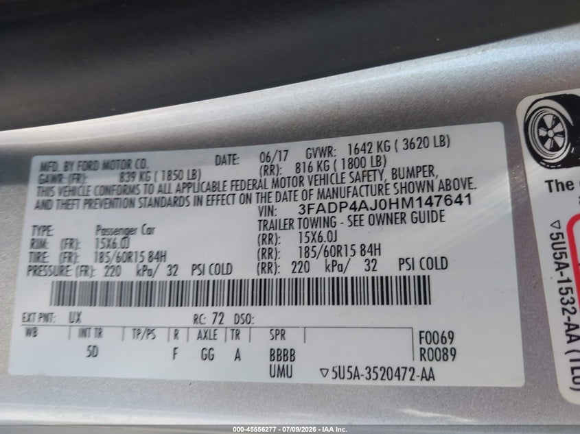 2017 Ford Fiesta S VIN: 3FADP4AJ0HM147641 Lot: 45556277