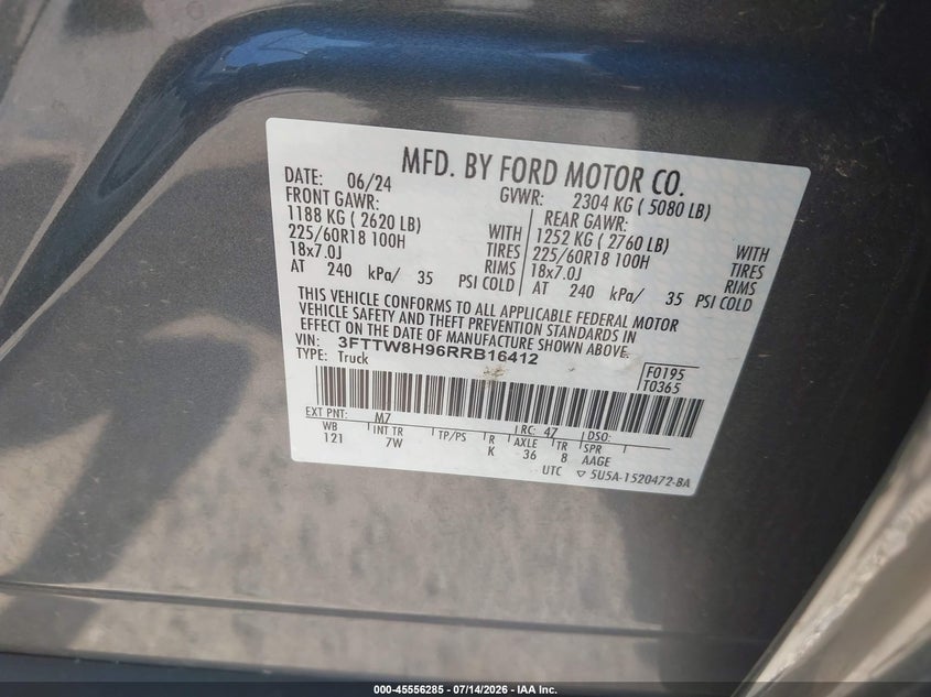 2024 Ford Maverick Xlt VIN: 3FTTW8H96RRB16412 Lot: 45556285