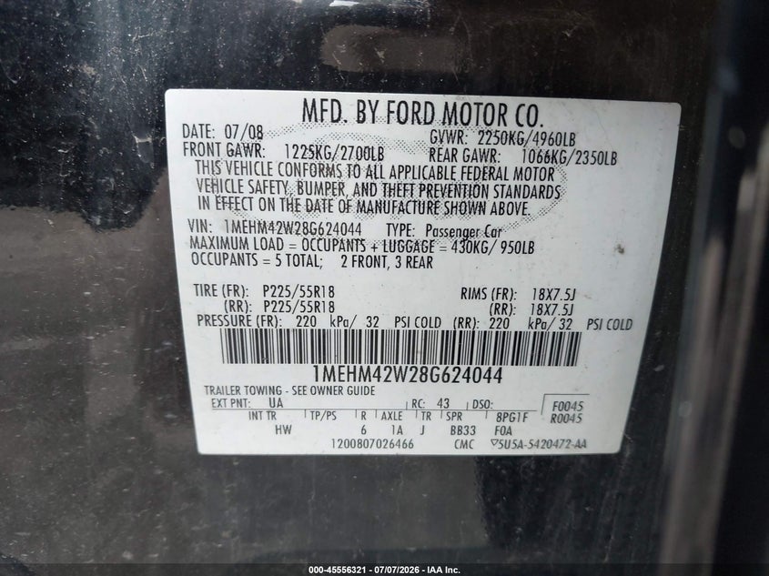 2008 Mercury Sable Premier VIN: 1MEHM42W28G624044 Lot: 45556321
