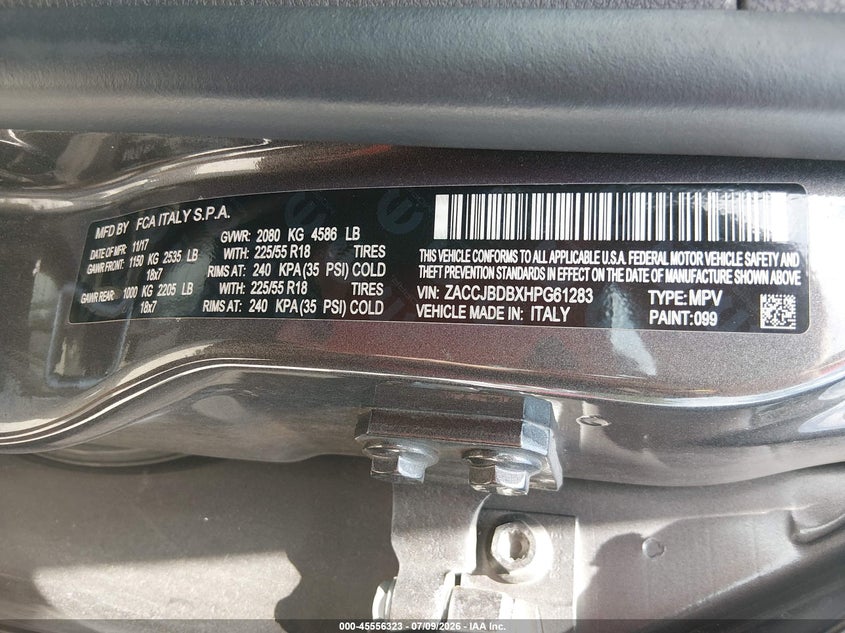 2017 Jeep Renegade Limited VIN: ZACCJBDBXHPG61283 Lot: 45556323