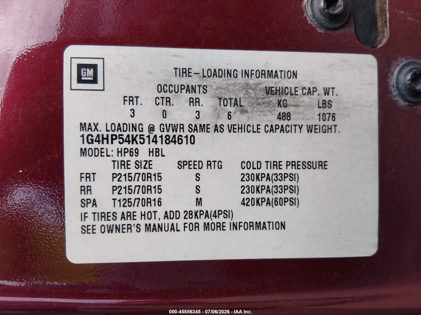 2001 Buick Lesabre Custom VIN: 1G4HP54K514184610 Lot: 45556345