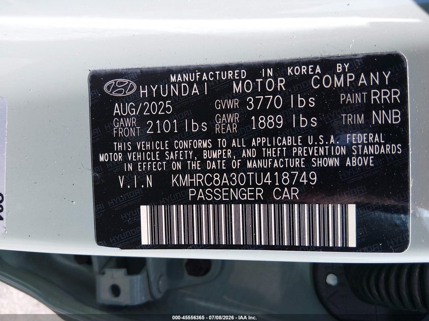2026 Hyundai Venue Sel VIN: KMHRC8A30TU418749 Lot: 45556365