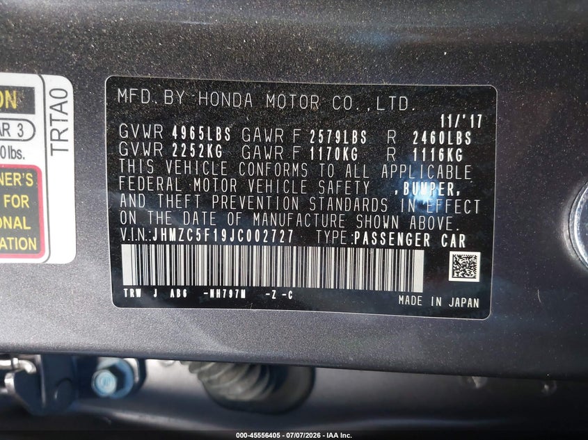 2018 Honda Clarity Plug-In Hybrid VIN: JHMZC5F19JC002727 Lot: 45556405