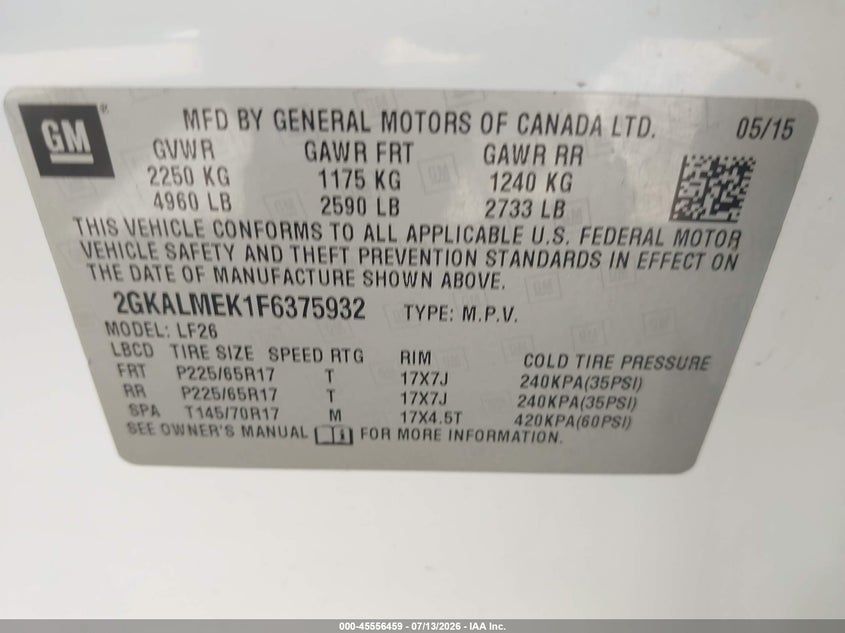 2015 GMC Terrain Sle-1 VIN: 2GKALMEK1F6375932 Lot: 45556459