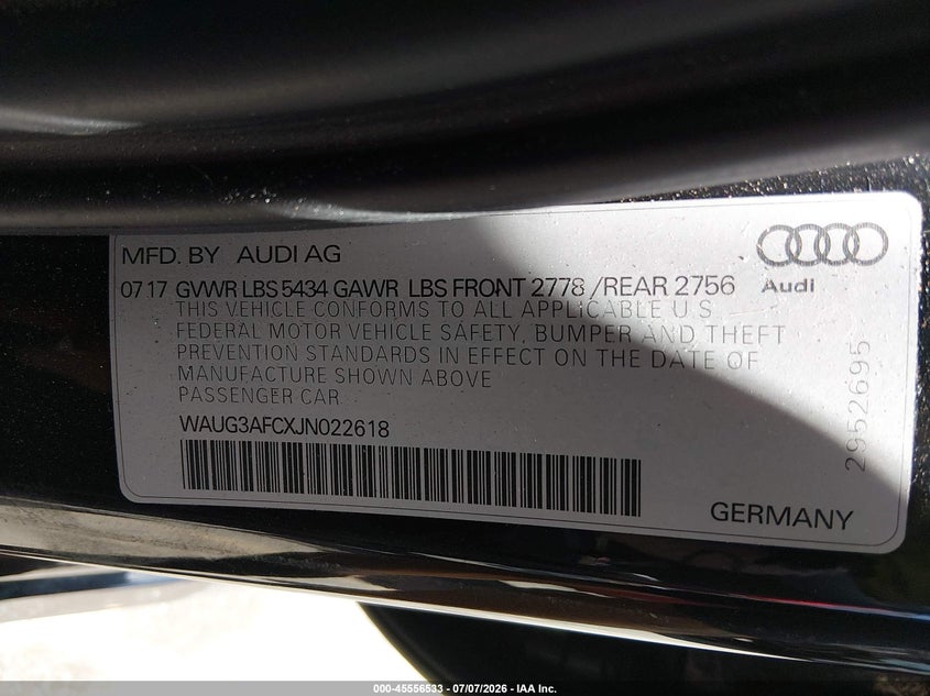 2018 Audi A6 3.0T Premium VIN: WAUG3AFCXJN022618 Lot: 45556533