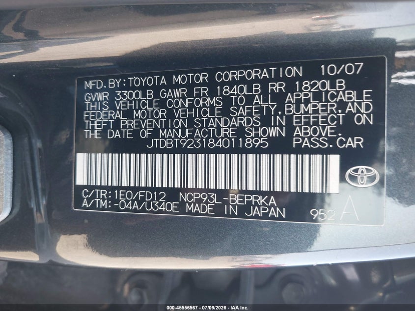 2008 Toyota Yaris VIN: JTDBT923184011895 Lot: 45556567