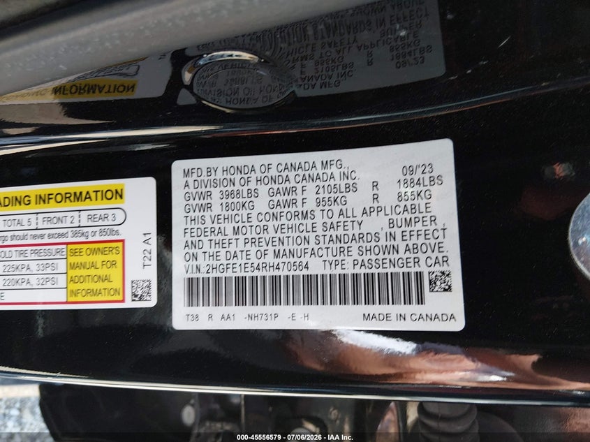 HONDA CIVIC SI 2024 VIN 2HGFE1E54RH470564