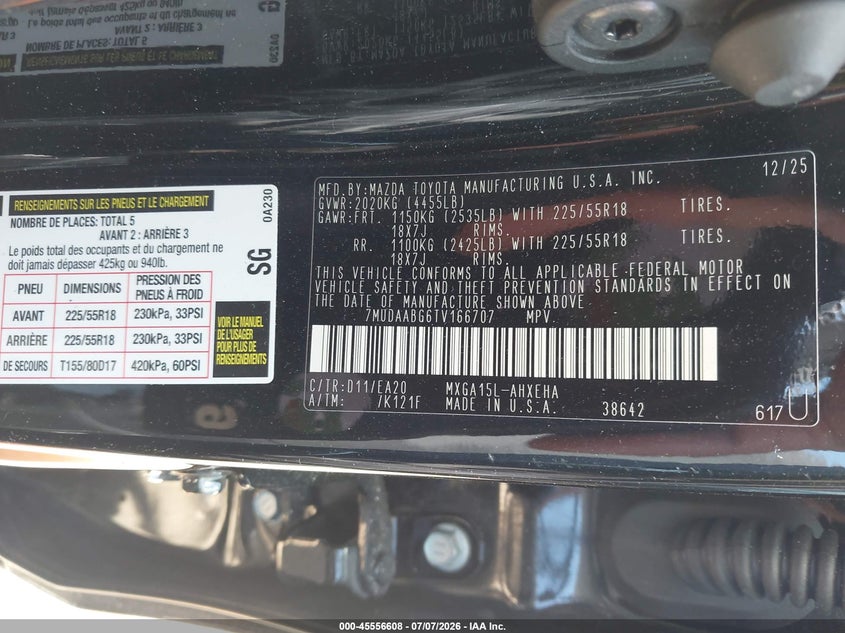 2026 Toyota Corolla Cross Xle VIN: 7MUDAABG6TV166707 Lot: 45556608