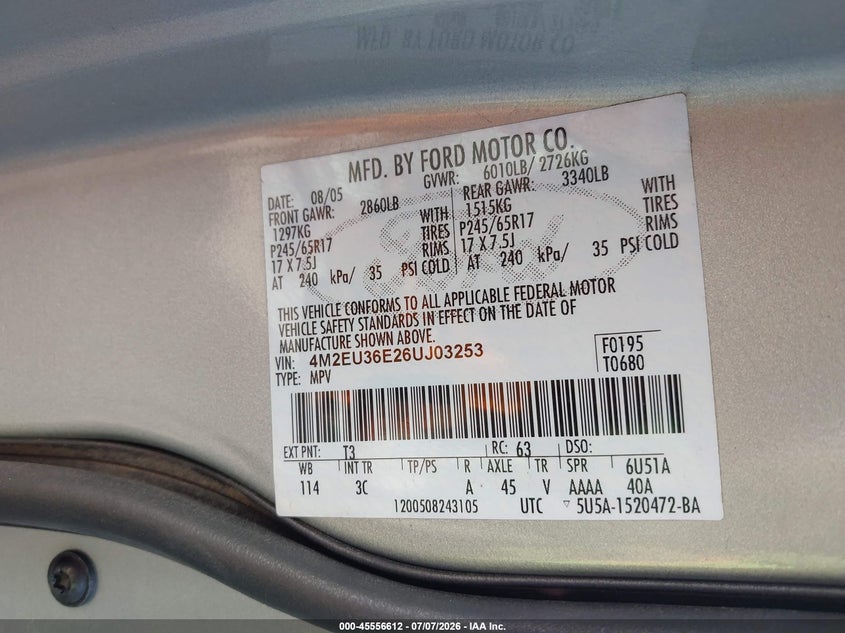 2006 Mercury Mountaineer Convenience VIN: 4M2EU36E26UJ03253 Lot: 45556612