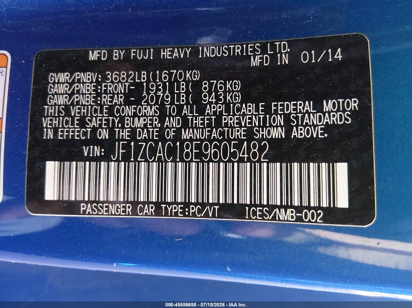 2014 Subaru Brz Limited VIN: JF1ZCAC18E9605482 Lot: 45556658