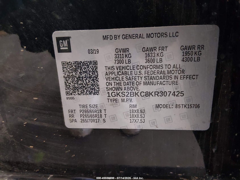 2019 GMC Yukon Slt VIN: 1GKS2BKC8KR307425 Lot: 45556698